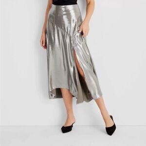 Future Collective Women's Holiday Flowy Satin Midi Skirt Silver L
